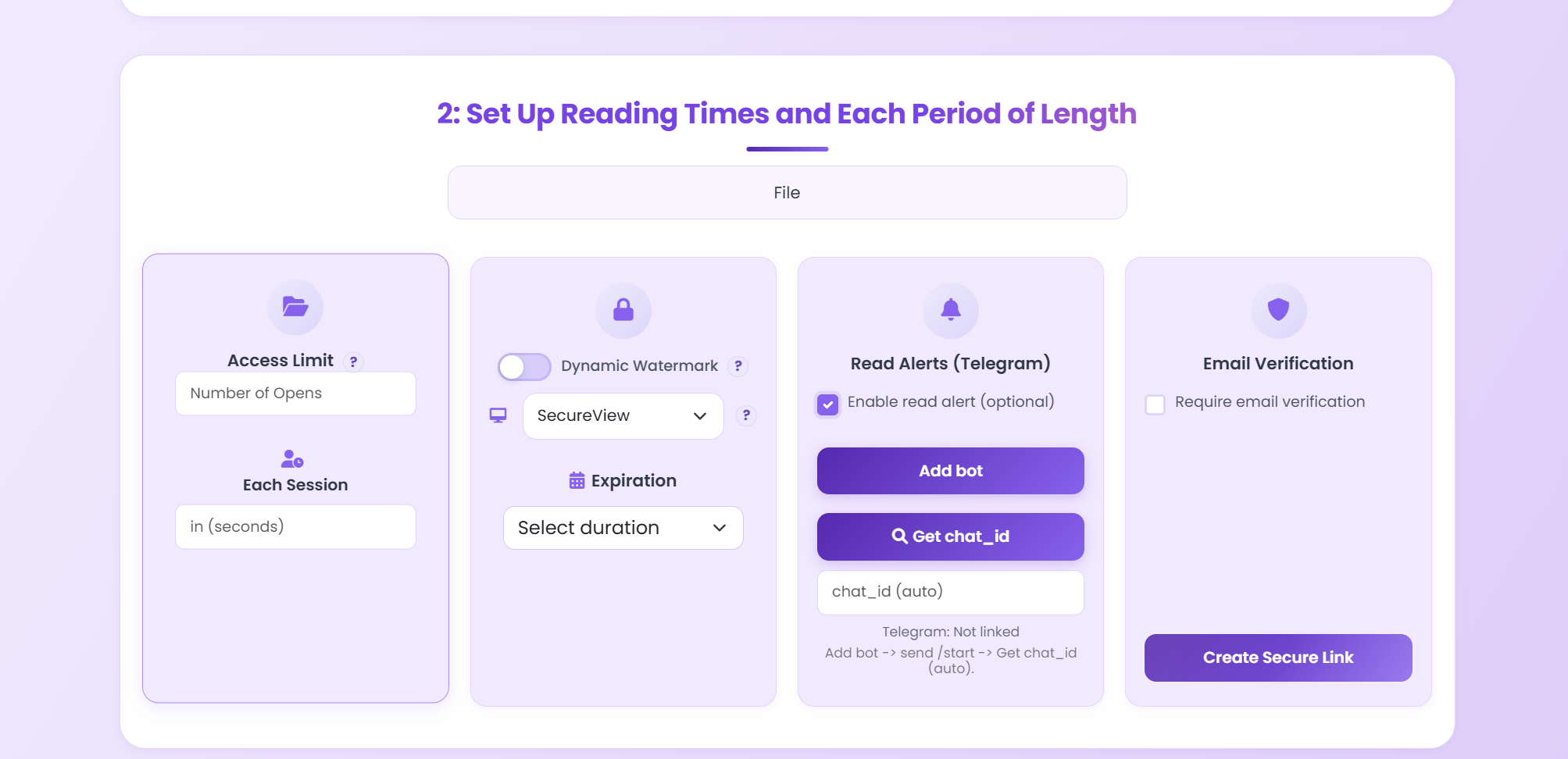 Security settings including expiration controls