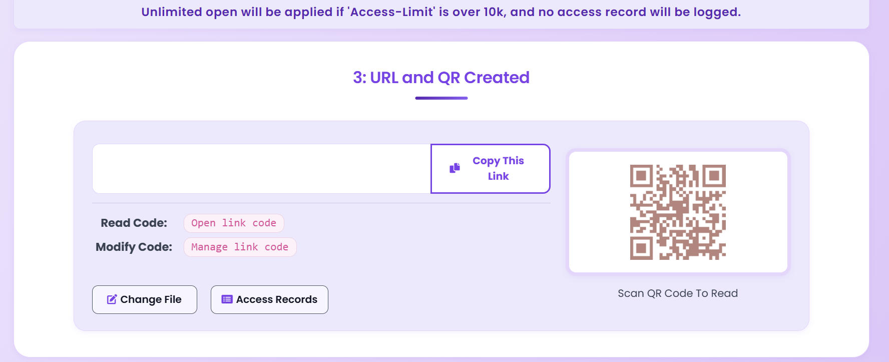 Shareable link and QR—the asset people open; you get Telegram when they do